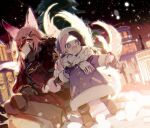  2girls animal_ears black_coat black_gloves black_hair christmas christmas_tree closed_mouth coat forever_7th_capital fox_ears fox_tail gloves hand_up kitsune kyuubi multicolored_hair multiple_girls multiple_tails open_mouth pink_eyes pink_hair purple_eyes sapphire_(nine) seishaku_(forever_7th_capital) smile split-color_hair tail yuri_(forever_7th_capital) 