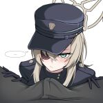  ... 1girl absurdres between_legs black_gloves blonde_hair blue_archive blue_eyes blue_hat blue_jacket blush bulge closed_mouth erection erection_under_clothes eyepatch gloves hands_on_another&#039;s_thighs hasarang hat highres jacket korean_commentary long_hair looking_at_viewer peaked_cap pov simple_background small_sweatdrop spoken_ellipsis suou_(blue_archive) white_background 