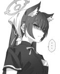  ... 1girl angry animal_ear_fluff animal_ears blue_archive cat_ears closed_mouth extra_ears halo long_hair looking_at_viewer momomatang monochrome official_alternate_costume serika_(blue_archive) short_sleeves simple_background solo speech_bubble twintails waitress white_background 