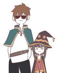  1boy 1girl :3 anatomy_of_a_gamer_(meme) belt black_choker black_pants bluebutter blush_stickers brown_cape brown_hair cape choker commentary dress english_commentary green_cape hands_in_pockets hat headphones height_difference highres kono_subarashii_sekai_ni_shukufuku_wo! looking_at_viewer megumin meme off-shoulder_dress off_shoulder pants parody red_dress satou_kazuma standing sunglasses v-shaped_eyebrows white_tunic witch_hat 