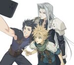  3boys absurdres armor bangle belt black_coat black_hair blonde_hair blue_eyes blue_pants blue_shirt bracelet brown_belt closed_mouth cloud_strife coat crisis_core_final_fantasy_vii dododo final_fantasy final_fantasy_vii green_scarf grey_eyes grey_hair grin hair_between_eyes hair_slicked_back highres jewelry long_bangs long_sleeves male_focus multiple_boys pants parted_bangs parted_lips scarf selfie sephiroth shirt short_hair shoulder_armor sleeveless sleeveless_turtleneck sleeves_rolled_up smile spiked_hair suspenders taking_picture teeth turtleneck upper_body v white_background zack_fair 