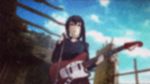  animated animated_gif arsenixc black_hair blurry brown_eyes cloud depth_of_field electric_guitar guitar instrument k-on! light_particles long_hair lowres microphone microphone_stand nakano_azusa ruins skirt skirt_lift sky solo standing wind 