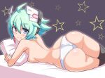  1girl ahoge ass azure_striker_gunvolt back bed black_thighhighs blue_eyes breasts closed_mouth commentary_request cougar_(cougar1404) crotch_seam green_hair headgear hugging_object looking_at_viewer looking_back lying medium_breasts on_bed on_side panties pillow pillow_hug roro_(gunvolt) short_hair smile solo star_(symbol) thighhighs topless underwear underwear_only white_panties 