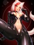  animal_ears black_bodysuit bodysuit braid braided_ponytail breasts cat_ears cat_tail center_opening facial_mark female_pubic_hair highres large_breasts lips long_hair looking_at_viewer multicolored_hair myra_(myrathewhite) navel original pubic_hair red_eyes red_hair smile tail two-tone_hair w33ping_cat 