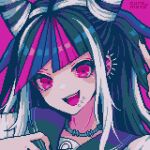  1girl artist_name bad_id bad_twitter_id black_hair black_nails black_sailor_collar blue_choker blue_hair blunt_bangs choker collared_shirt commentary_request cone_hair_bun danganronpa_(series) danganronpa_2:_goodbye_despair double_bun ear_piercing eyelashes hair_bun highres kyua_moto lip_piercing long_hair looking_at_viewer mioda_ibuki multicolored_hair multiple_piercings nail_polish open_mouth piercing pink_background pink_eyes pink_hair pixel_art sailor_collar sailor_shirt shirt simple_background smile solo streaked_hair teeth upper_body upper_teeth_only v white_hair white_shirt white_sleeves 