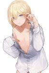  1boy bandaid bandaids_on_nipples blonde_hair blue_eyes closed_mouth collarbone commentary_request cowboy_shot dress_shirt hair_between_eyes highres long_sleeves looking_at_viewer medium_hair original otoko_no_ko pasties shirt simple_background solo sunaba_(nczd5875) unbuttoned unbuttoned_shirt white_background white_shirt 