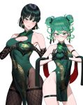  2girls absurdres bare_shoulders blush breasts china_dress chinese_clothes cleavage_cutout clothing_cutout collarbone contrapposto covered_navel double_bun dress earrings fubuki_(one-punch_man) garter_straps green_eyes green_hair hair_bun heart heart_hands highres jewelry large_breasts looking_at_viewer medium_hair multiple_girls no_panties one-punch_man side_slit small_breasts smile tatsumaki thigh_strap thighhighs tsurime wonbin_lee 