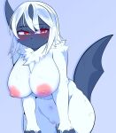 absol anthro anthrofied big_breasts blue_background breasts female fur generation_3_pokemon genitals hair hi_res horn huge_breasts leaning leaning_forward looking_at_viewer mochii_tiger nintendo nipples nude pokemon pokemon_(species) pokemorph pussy red_eyes simple_background solo white_body white_fur white_hair