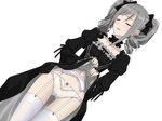  blush choker closed_eyes dress dress_lift dutch_angle garter_belt grey_hair highres idolmaster idolmaster_cinderella_girls kanzaki_ranko long_hair long_sleeves navel panties random_(ningen_modoki) simple_background solo thighhighs twintails underwear white_background white_legwear white_panties 