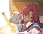  1boy blush closed_mouth drawer ensemble_stars! green_eyes happy high_ponytail indoors isara_mao looking_at_viewer parted_bangs pink_hair pov pov_hands sapphire_(nine) smile solo 