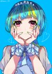  1girl asahina_(asahina_0428) blue_background blue_hair blunt_bangs closed_mouth commentary_request eyeshadow facial_mark green_eyeshadow green_hair hands_on_own_face hands_up highres looking_at_viewer makeup mika_pikazo_(style) multicolored_hair omega_auru omega_auru_(primagista) pretty_series puffy_short_sleeves puffy_sleeves red_eyes short_hair short_sleeves simple_background solo streaked_hair twitter_username upper_body waccha_primagi! 