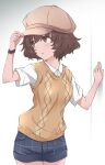  1girl adjusting_clothes adjusting_headwear akiyama_yukari alternate_costume breasts brown_eyes brown_hair brown_hat collared_shirt girls_und_panzer hazuki_haru highres parted_lips shirt short_hair short_sleeves shorts small_breasts solo white_shirt 