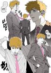  1boy belt_buckle blonde_hair blood blood_on_face buckle cellphone collared_shirt cowboy_shot grey_jacket grey_pants grey_suit hair_between_eyes hand_in_pocket highres holding holding_phone jacket japtangtang2 male_focus mob_psycho_100 multiple_views necktie pants parted_lips phone pink_necktie putting_on_jacket reigen_arataka shirt short_hair solo suit suit_jacket talking_on_phone white_shirt 