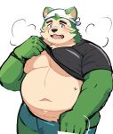 anthro bandanna belly blush bodily_fluids canid canine canis clothing domestic_dog eyebrows fur green_body green_fur hi_res kerchief lifewonders live_a_hero male mammal mokdai musclegut muscular musk musk_clouds overweight pecs shimo_kawa solo sweat thick_eyebrows undressing