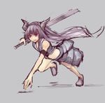  armband armor copyright_request crop_top faulds highres horns long_hair purple_eyes purple_hair riftgarret running solo sword very_long_hair weapon 