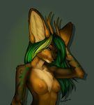  breasts bust chest_tuft eelyak female green_hair hair horn long_ears looking_at_viewer solo tuft two_tone_hair unknown_species 