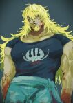  1boy ame_ekai bara blonde_hair blood blood_on_arm blood_on_face contrapposto cowboy_shot denim expressionless facial_hair goatee highres jeans killer_(one_piece) large_pectorals long_hair looking_at_viewer male_focus muscular muscular_male one_piece pants pectorals shirt solo standing tsurime 
