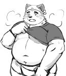 anthro bandanna belly blush bodily_fluids canid canine canis clothing domestic_dog eyebrows hi_res kerchief lifewonders live_a_hero male mammal mokdai musclegut muscular musk musk_clouds overweight pecs shimo_kawa solo sweat thick_eyebrows undressing