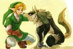  belt blonde_hair blue_eyes brown_eyes dual_persona earrings gauntlets gloves hat jewelry kiri_tampo link link_(wolf) long_pointy_ears male_focus pointy_ears smile squatting the_legend_of_zelda the_legend_of_zelda:_ocarina_of_time the_legend_of_zelda:_twilight_princess time_paradox tunic wolf 
