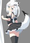  1girl absurdres ahoge animal_ear_fluff animal_ears black_skirt black_thighhighs blush braid commentary_request curtains earrings fox_ears fox_girl fox_tail green_eyes grey_background hair_between_eyes highres hololive jewelry long_hair looking_at_viewer open_mouth panties shirakami_fubuki shirayuki_(snow_link) sidelocks simple_background single_braid skirt solo striped_clothes striped_panties tail thighhighs underwear virtual_youtuber white_hair white_panties 