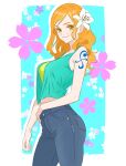  1girl arm_tattoo blue_background border breasts closed_mouth commentary denim english_commentary floral_background flower hair_flower hair_ornament highres jeans long_hair looking_at_viewer midriff_peek nami_(one_piece) one_piece orange_eyes orange_hair outside_border pants smile solo standing stephenapatton tattoo white_border white_flower 