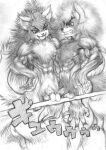 anthro biped canid canine duo felid feline fur genitals graphite_(artwork) hair half-erect japanese_text male male_anthro mammal marudi muscular muscular_anthro muscular_male nipples nude open_mouth penis smile standing text traditional_media_(artwork)