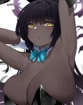  1girl absurdres animal_ears aqua_bow aqua_bowtie armpits arms_up bare_shoulders black_hair black_leotard blue_archive bow bowtie breasts cleavage collar dark-skinned_female dark_skin detached_collar fake_animal_ears firewpood halo highres karin_(blue_archive) karin_(bunny)_(blue_archive) large_breasts leotard light_blush long_hair looking_at_viewer parted_lips playboy_bunny purple_halo rabbit_ears simple_background slit_pupils solo upper_body white_background white_collar white_wrist_cuffs wrist_cuffs yellow_eyes 