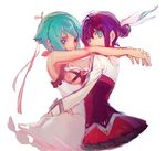  aquarion_(series) aquarion_evol bare_shoulders blue_eyes bow breasts cleavage green_eyes green_hair hair_bun hair_ornament hair_ribbon lowres medium_breasts mikono_suzushiro multiple_girls purple_eyes purple_hair ribbon short_hair skirt zessica_wong 