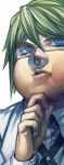  1boy blonde_hair blue_eyes blue_necktie closed_mouth collared_shirt commentary_request danganronpa_(series) danganronpa_2:_goodbye_despair eyelashes fat fingernails glasses hair_between_eyes hands_on_own_chin irohara_mitabi jacket light_frown lips long_sleeves looking_at_viewer male_focus necktie open_clothes open_jacket shirt short_hair simple_background solo togami_byakuya_(danganronpa_2) upper_body white-framed_eyewear white_background white_jacket white_shirt white_sleeves 