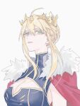  1girl artoria_pendragon_(fate) artoria_pendragon_(lancer)_(fate) blonde_hair blue_dress braid breasts cape cleavage_cutout clothing_cutout crown dress french_braid fur_collar green_eyes hair_between_eyes highres large_breasts looking_at_viewer nunok parted_lips red_cape sidelocks sleeveless sleeveless_dress solo white_fur 