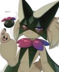  alternate_color animal animal_ears animal_focus closed_mouth english_text flower_trick_(pokemon) green_fur heterochromia highres hunter_suru meowscarada pokemon pokemon_(creature) purple_eyes red_eyes shiny_pokemon simple_background standing tail white_background 