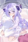  1girl :t amamiya_shizuku_(hizuki_yayoi) animal barefoot bed bloomers blue_bow blue_eyes blue_hair blush bow chinchilla_(animal) closed_mouth collarbone commentary_request curtains double_bun frilled_pillow frills hair_bow hair_bun heart heart-shaped_pillow highres hizuki_yayoi hugging_object long_sleeves looking_at_viewer multicolored_hair on_bed original pajamas pillow pillow_hug puffy_long_sleeves puffy_sleeves shirt sitting solo transparent two-tone_hair wariza white_bloomers white_shirt 