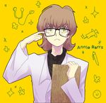  1girl annie_barrs brown_hair character_name coat earrings glasses jewelry short_hair tales_of_(series) tales_of_rebirth yellow_background yellow_eyes 