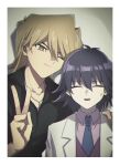  2boys absurdres arm_around_shoulder black_hair black_shirt blonde_hair blue_necktie border brown_eyes closed_eyes coat collarbone collared_shirt hair_between_eyes height_difference highres jewelry kaiba_mokuba long_sleeves looking_at_viewer male_focus multiple_boys necklace necktie one_eye_closed open_clothes open_coat open_mouth saito0614 shirt short_hair smile sweatdrop upper_body v white_border white_coat white_shirt yu-gi-oh! yu-gi-oh!_the_dark_side_of_dimensions 