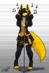 bear213 black_body black_fur bottomwear clothing fur generation_4_pokemon girly hi_res invalid_tag lucario male music nintendo pokemon pokemon_(species) singing skirt yellow_body yellow_fur