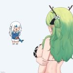  2girls animal_costume animal_ears animal_print antlers bikini blue_hoodie blue_shirt blush breasts ceres_fauna chibi chibi_inset cow_ears cow_print cow_print_bikini crossed_arms dimples_of_venus fins fish_tail flower gawr_gura green_hair hair_flower hair_ornament hair_over_shoulder hand_on_own_arm happy highres hololive hololive_english hood hoodie horns large_breasts long_hair long_sleeves looking_at_another multicolored_hair multicolored_shirt multiple_girls print_bikini shark_costume shark_hair_ornament shark_tail sharp_teeth shirt smol_gura stitched_tail streaked_hair swimsuit tail teeth torororose virtual_youtuber watermark white_background white_footwear white_hair 
