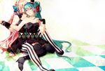  akatsuki_(4941086) aqua_eyes aqua_hair bad_id bad_pixiv_id bare_shoulders checkered checkered_floor closed_eyes fingerless_gloves gloves hat hatsune_miku headphones high_heels holding_hands long_hair magnet_(vocaloid) megurine_luka mini_hat mini_top_hat multiple_girls pantyhose pink_hair shoes sitting striped striped_legwear thighhighs top_hat vertical-striped_legwear vertical_stripes very_long_hair vocaloid yuri 