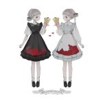  2girls apron banner black_bow black_dress black_footwear blonde_hair blood blood_on_clothes blue_dress blunt_bangs bow buttons closed_mouth coat collar collared_dress double_bun dress expressionless eyelashes food food_request frilled_dress frills full_body grey_collar hair_bow hair_bun heart holding holding_food knees light_blush long_hair long_sleeves looking_at_viewer medium_dress multiple_girls nail_polish nekosuke_(oxo) original pale_skin pointy_ears puffy_long_sleeves puffy_sleeves red_eyes red_nails shoes short_sleeves simple_background single_hair_bun single_side_bun sleeveless sleeveless_dress socks twitter_username waist_apron white_apron white_background white_coat white_sleeves white_socks 