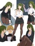  1boy 1girl alternate_costume alternate_hairstyle bespectacled black_jacket black_skirt blonde_hair breasts brown_pantyhose chalk chalkboard cleavage commentary_request contemporary crossed_legs dress_shirt glasses green_hair hair_down high_heels highres holding holding_chalk jacket land_(sousou_no_frieren) long_hair long_sleeves looking_at_viewer medium_breasts multiple_views on_one_knee pantyhose partially_unbuttoned pencil_skirt shirt sitting skirt smile sousou_no_frieren standing teacher_and_student thighs translation_request ubel_(sousou_no_frieren) white_shirt yami_anko 