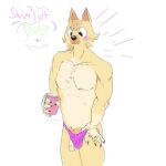 accident accidental_exposure anthro armedantagonist beverage canid canine canis clothed clothing countershading domestic_dog fur genitals half-erect male mammal penis poking_out pubes public shocked skimpy solo speedo sunscreen swimsuit_dog_(bluey) swimwear wardrobe_malfunction