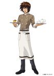  1boy absurdres apron black_footwear black_pants brown_hair gundam gundam_seed gundam_seed_destiny gundam_seed_freedom highres kira_yamato looking_at_viewer male_focus official_alternate_costume official_art open_mouth pants promotional_art purple_eyes shirt short_hair smile striped_clothes striped_shirt uniform waist_apron waiter 