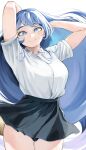  1girl absurdres blue_eyes blue_hair boku_no_hero_academia breasts bright_pupils closed_mouth collared_shirt fengling_(furin-jp) hadou_nejire highres large_breasts long_hair looking_at_viewer shirt short_sleeves simple_background skirt smile solo thighs very_long_hair white_background white_pupils white_shirt 