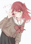  &gt;_o 1girl adjusting_eyewear black_skirt blush bocchi_the_rock! bow bowtie cardigan commentary dot_nose glasses graph_paper green_eyes hand_on_eyewear highres kita_ikuyo leaning_forward long_hair long_sleeves looking_at_viewer nnnr_se one_eye_closed one_side_up red_bow red_bowtie red_hair round_eyewear sailor_collar school_uniform shuka_high_school_uniform simple_background skirt sleeve_cuffs smile solo sparkle translated 