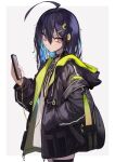  1girl ahoge akieda bag black_hair black_jacket blue_hair cellphone earphones hair_between_eyes hair_ornament hairclip hand_in_pocket highres holding holding_phone hood hood_down jacket looking_at_viewer multicolored_hair open_clothes open_jacket original phone purple_eyes smartphone solo 