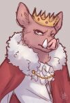 2021 anthro cape clothed clothing crown digital_drawing_(artwork) digital_media_(artwork) domestic_pig fluffy fur fur_cape fur_clothing grey_background headgear hi_res jalle male mammal pink_body pink_eyes pink_fur shaded shirt simple_background sketch snout solo suid suina sus_(pig) technoblade topwear tusks