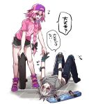  2boys androgynous astolfo_(candy_pink)_(fate) astolfo_(fate) backwards_hat baseball_cap black_bow black_footwear black_gloves black_shorts blue_pants bow braid choker collarbone crescent_choker denim elbow_pads fallen_down fang fate/apocrypha fate_(series) flying_sweatdrops gloves grey_hair grey_shirt hair_bow hair_intakes haoro hat helping highres jeans long_braid long_hair lying male_focus multicolored_hair multiple_boys on_back on_ground open_mouth otoko_no_ko pants parted_lips pink_choker pink_hair pink_nails pink_shirt purple_eyes purple_footwear purple_hat red_eyes shirt shoes short_hair short_shorts shorts sieg_(fate) simple_background single_braid skateboard skateboarding skin_fang sneakers speech_bubble streaked_hair t-shirt talking two-tone_hair white_background white_hair 