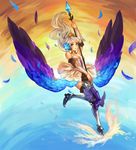  absurdres anonymous_drawfag armor armored_dress bare_shoulders crown detached_sleeves dress feathers greaves gwendolyn highres long_hair multicolored multicolored_wings non-web_source odin_sphere polearm purple_eyes solo spear strapless strapless_dress weapon white_hair wings 
