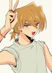  1boy arm_up blonde_hair blush bracelet brown_eyes hair_between_eyes highres jewelry jonouchi_katsuya looking_at_viewer low_ponytail male_focus multiple_rings necklace open_mouth ring saito0614 shirt short_hair simple_background sleeves_rolled_up solo teeth upper_body upper_teeth_only v white_background white_shirt yu-gi-oh! yu-gi-oh!_duel_monsters 