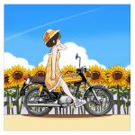  1girl bicycle camisole cloud cloudy_sky day field flower flower_field from_side hand_on_own_head hat hat_ribbon highres original outdoors ribbon sandals short_hair sitting sky solo sunflower sunflower_field vehicle_focus wakamizu white_footwear white_hat yellow_camisole yellow_ribbon 
