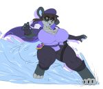 2023 action_pose anthro bear big_breasts black_sclera breasts clothing female fingerless_gloves fingerpads fur gloves grey_body grey_fur handwear hat headgear headwear looking_at_viewer mammal on_one_leg pawpads pose robertge smile solo standing thick_thighs water